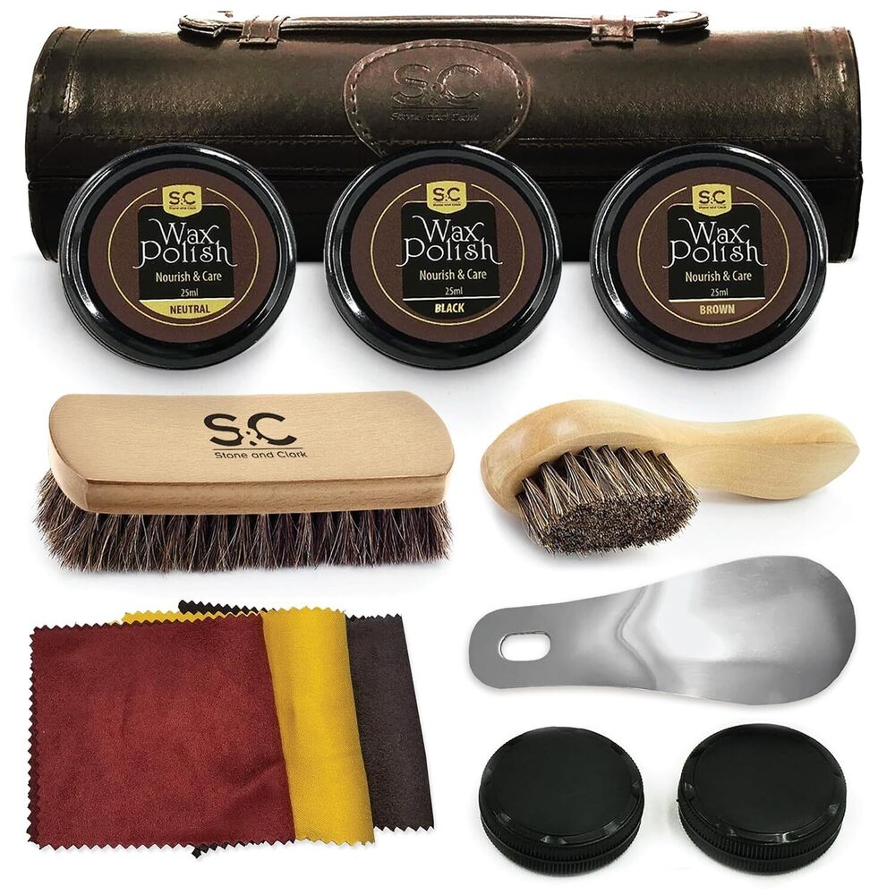 Stone & Clark 12PC Shoe Polish & Care Kit, Leather Shoe Shine Kit with Brown